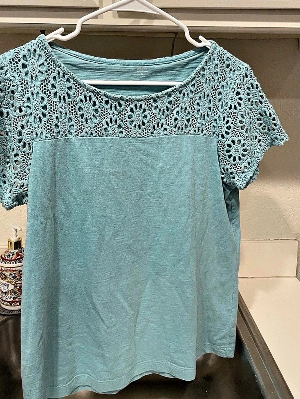 Crochet Yoke Cotton Top in Blue Small